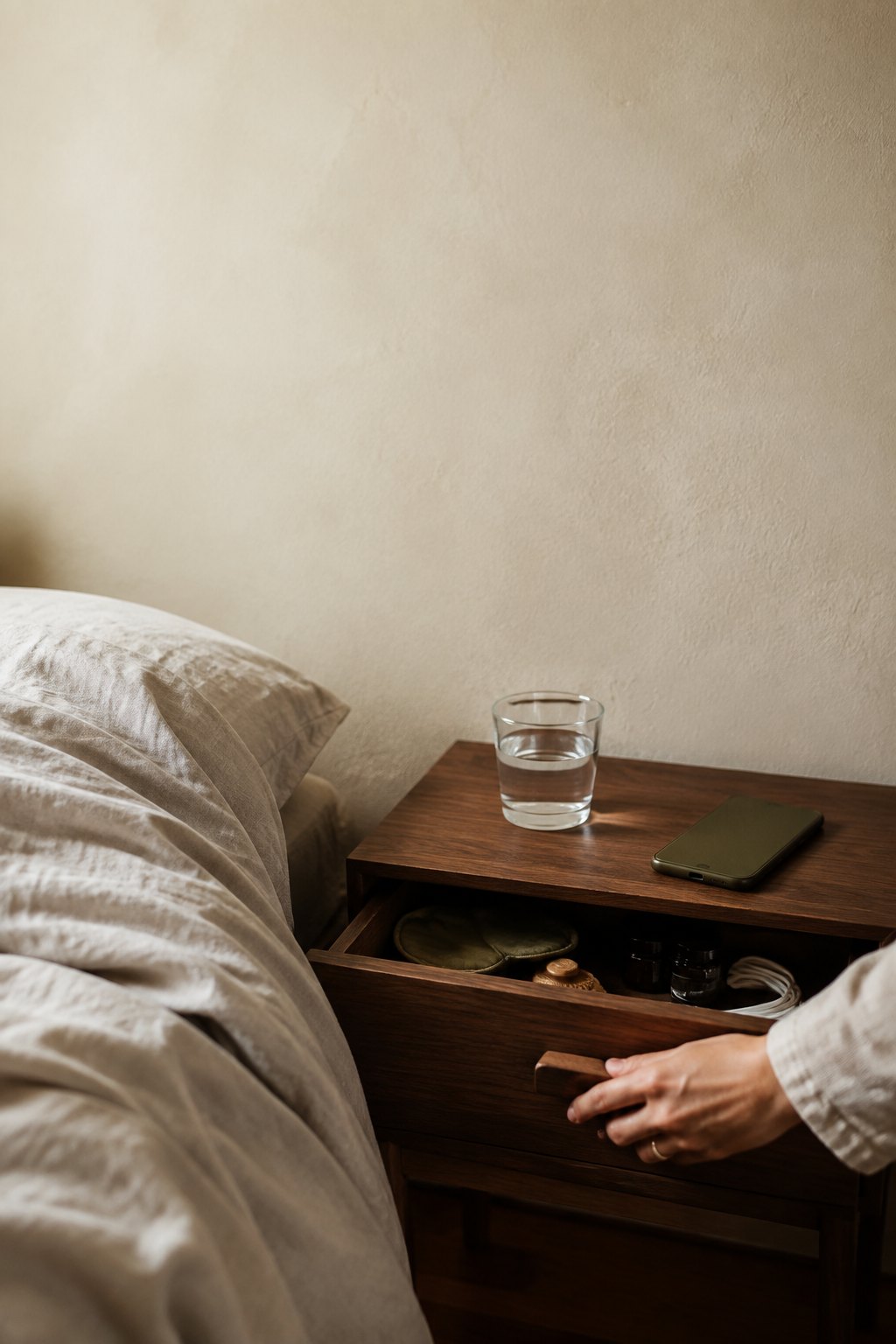 A bedside table at night