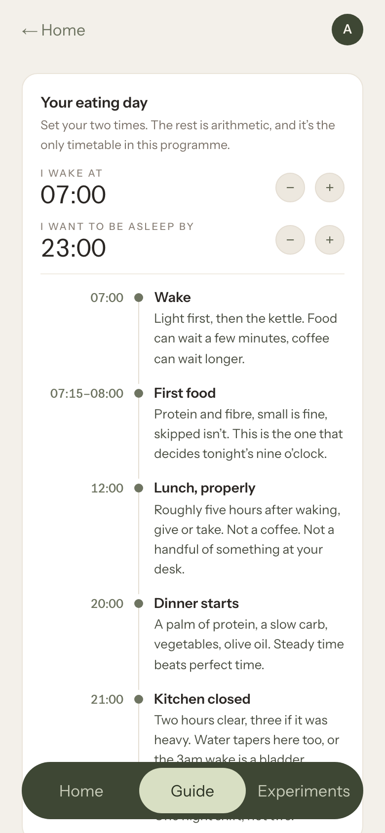 Your eating day: set your wake and sleep times and the meals lay themselves out along the day
